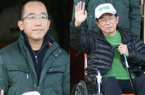 今年1月5日陈水扁获准保外就医，由儿子陈致中陪同出狱