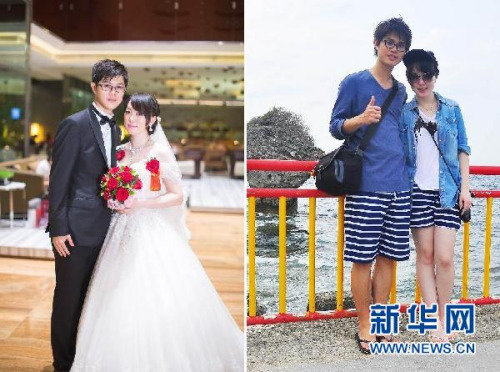 左图为海峡小夫妻陈信彦（左）、杨佳琳在厦门举行的婚礼上合影（新华社发），右图为两人恋爱时的留影。