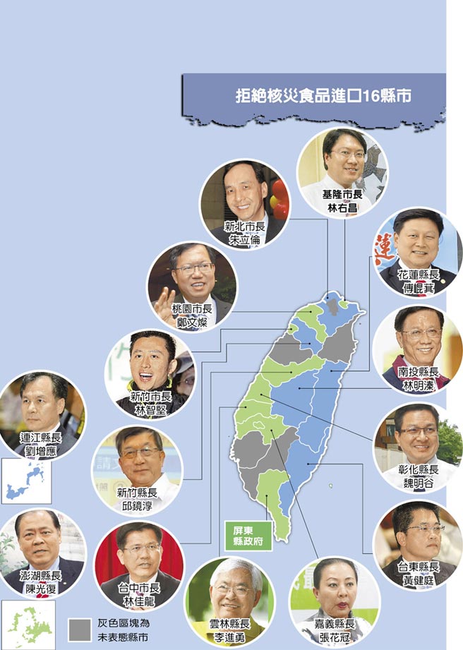 台湾15县市长串联反核灾食品输台，对抗蔡当局暴政。（图片来源：台湾《中时电子报》）